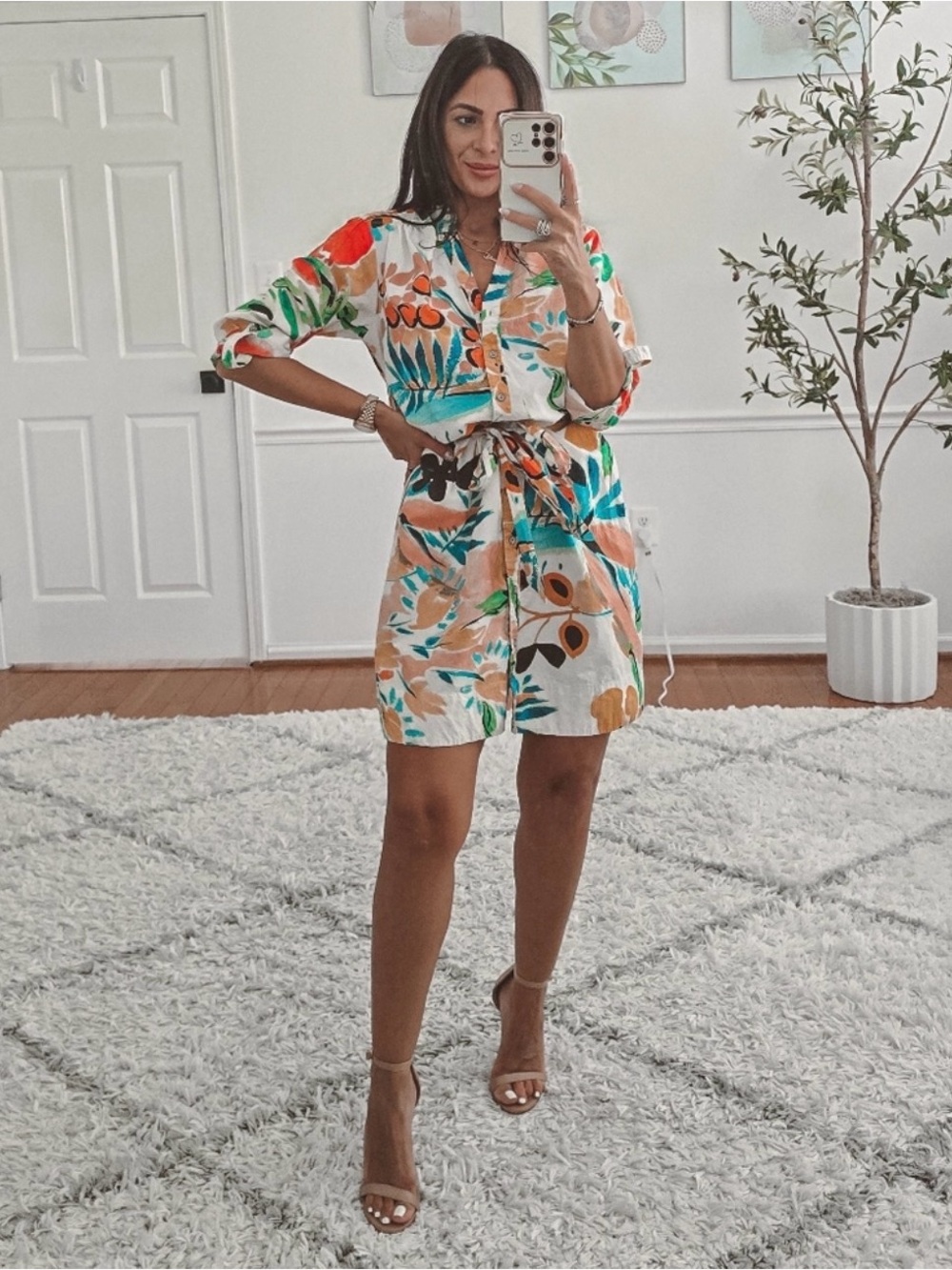 Anthropologie Floral Printed Long Sleeve Belted Cotton Shirt Dress Size XS